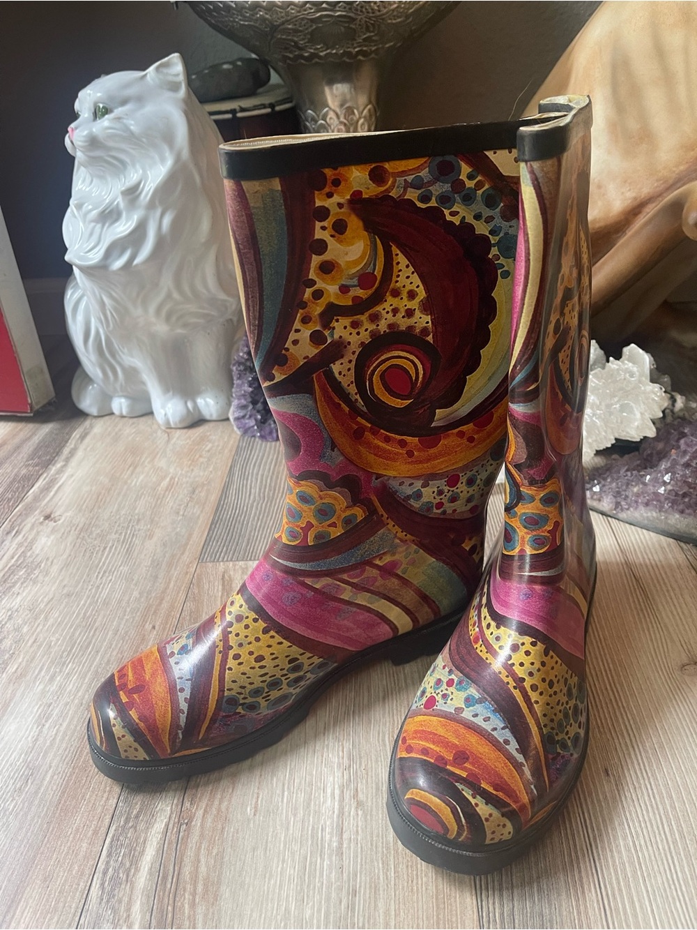 West Blvd Multicolor Swirl Pattern Rain Boots - Pink, Yellow, Burgundy